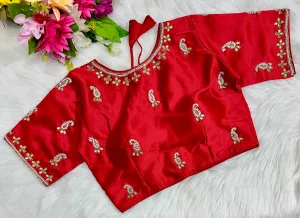 Red Exquisite Hand-Embroidered Methu Silk Blouse