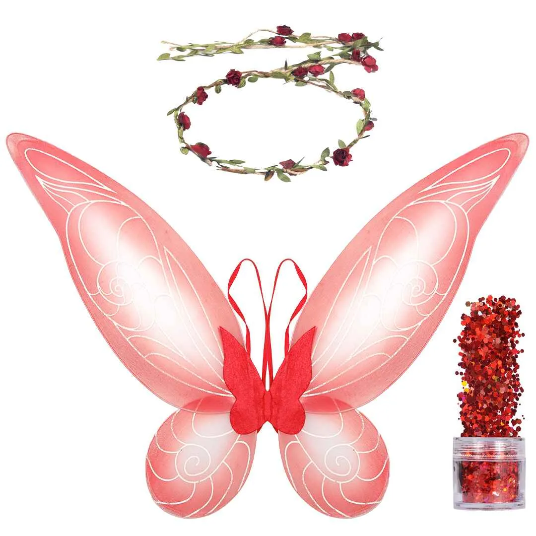 Red Fairy Costume Accessories Set - Fairy Wings, Fairy Crown - FUNCREDIBLE