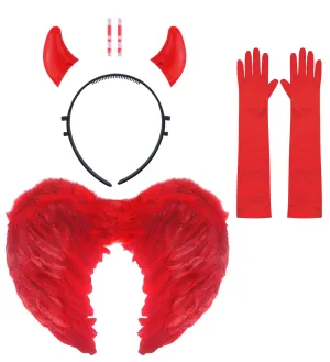 Red Feather Wings, Glow-in-the-Dark Devil Horns, and Elegant Long Satin Gloves Halloween Costume Set