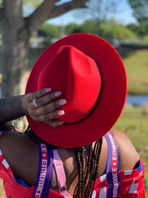 Red Fedora Hat with Blue Bottom