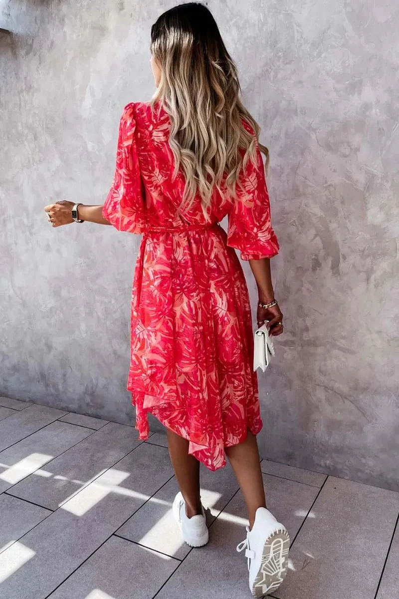 Red Floral 3/4 sleeve Midi Dress