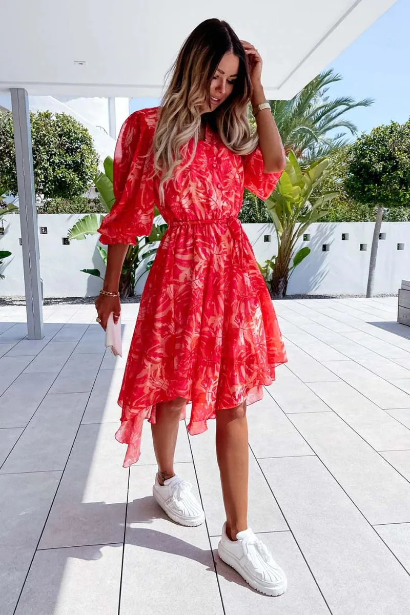 Red Floral 3/4 sleeve Midi Dress