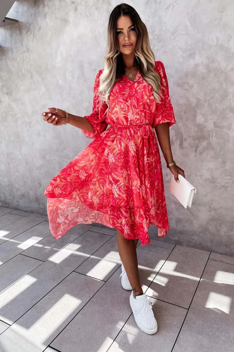 Red Floral 3/4 sleeve Midi Dress