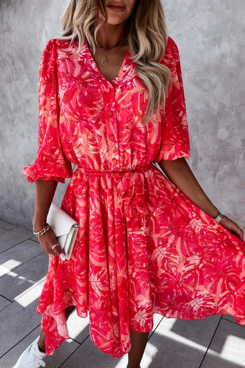 Red Floral 3/4 sleeve Midi Dress