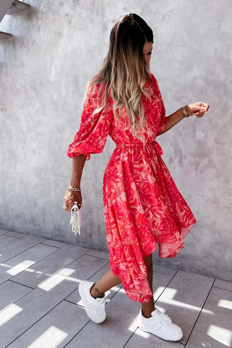 Red Floral 3/4 sleeve Midi Dress