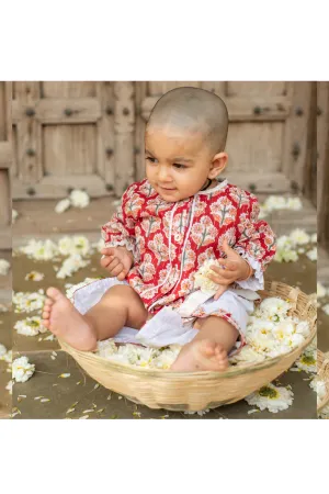 Red Floral Handblock Printed Cotton Jamna Set For Girls