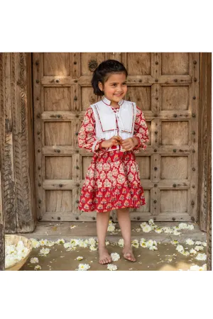 Red Floral Printed Tiered Cotton Dress With Jacket Set