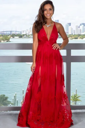 Red Floral Tulle Maxi Dress with Criss Cross Back