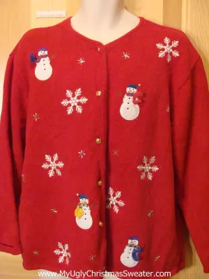 Red Funny Ugly Sweater with Snowmen and Snowflakes