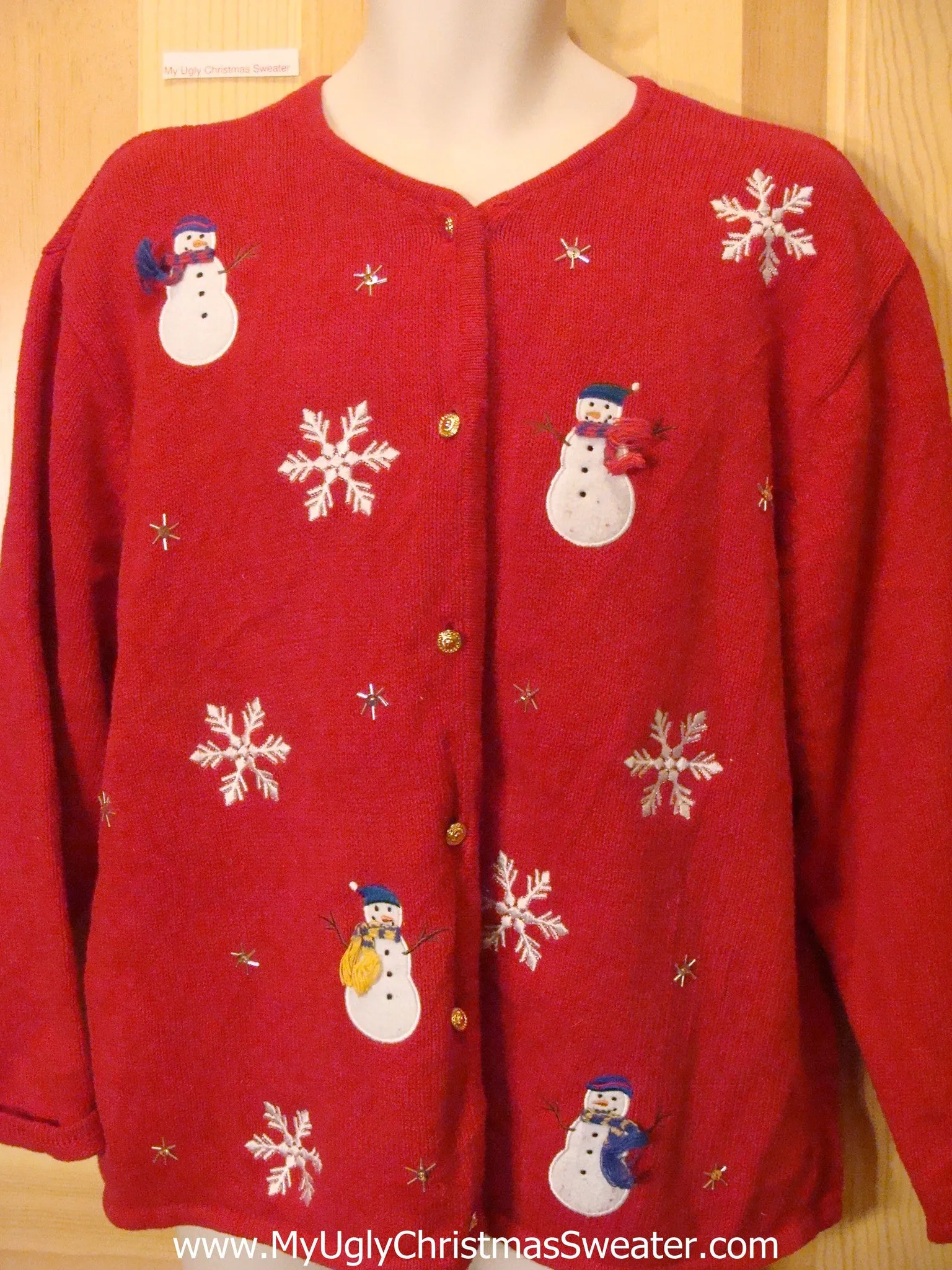 Red Funny Ugly Sweater with Snowmen and Snowflakes