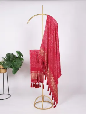 Red Gaji Silk Dupatta with Digital Prints & Lagadi Patta