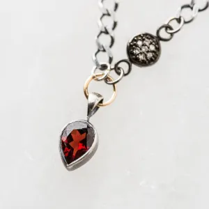 Red Garnet Pear Necklace with Pavé Diamond Disc on Curb Chain