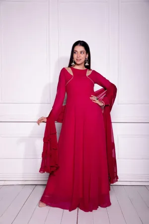 Red Georgette Gown with Matching Dupatta