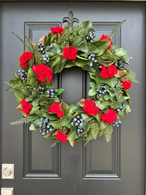 Red Geranium and Magnolia Wreath with Fern and Blueberries