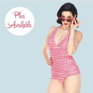 Red Gingham Picnic Ruched Halter One Piece Red