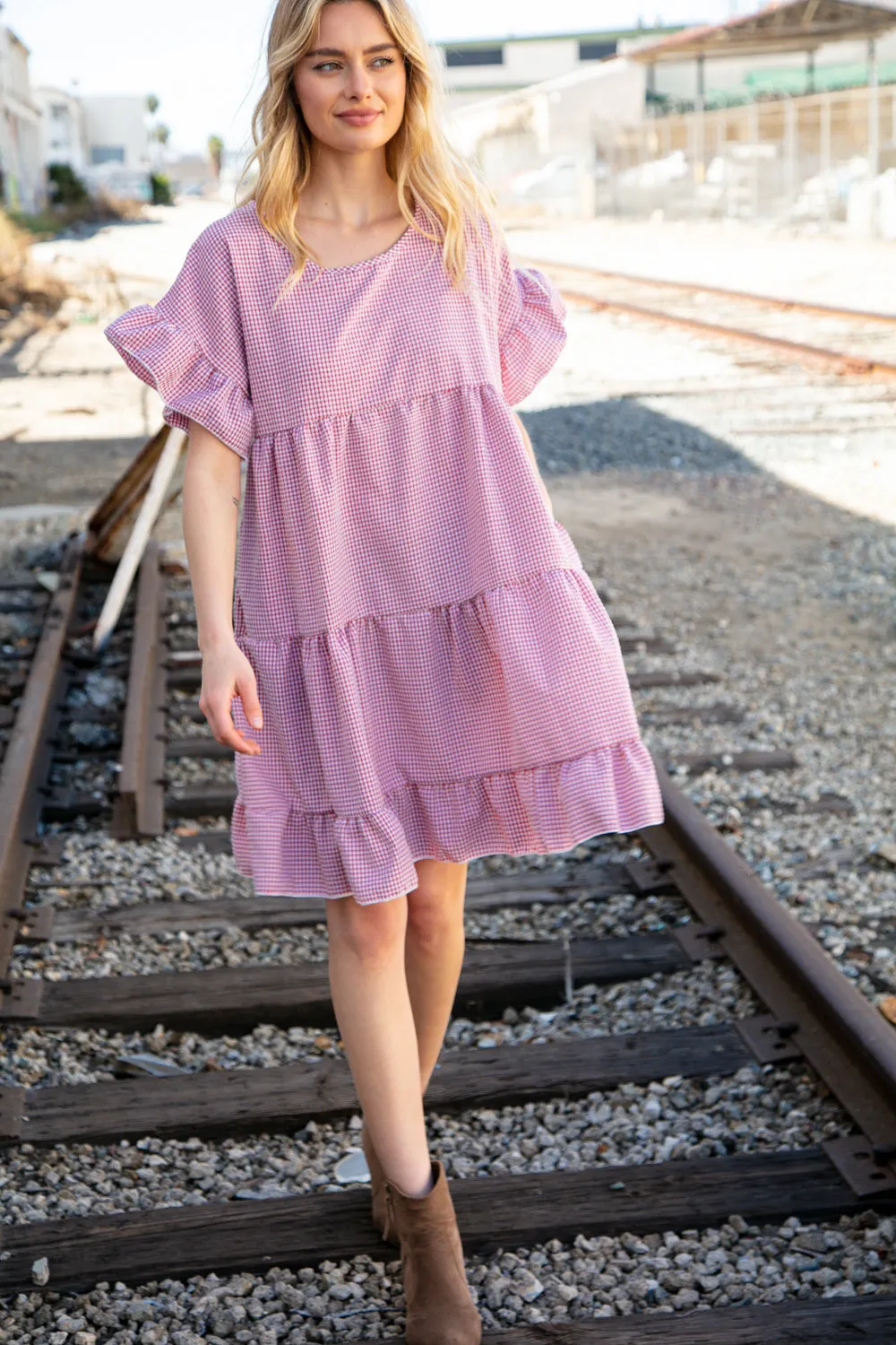 Red Gingham Ruffle Sleeve Tiered Dress