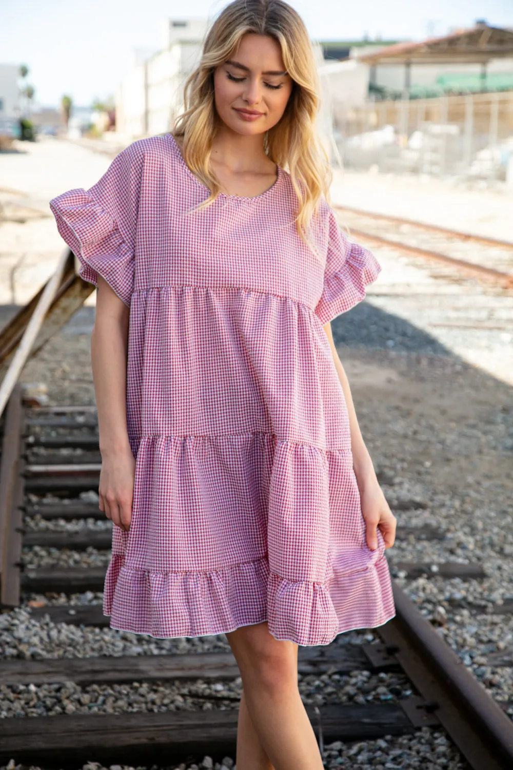 Red Gingham Ruffle Sleeve Tiered Dress