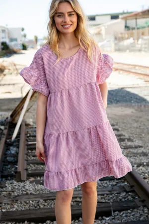 Red Gingham Ruffle Sleeve Tiered Dress