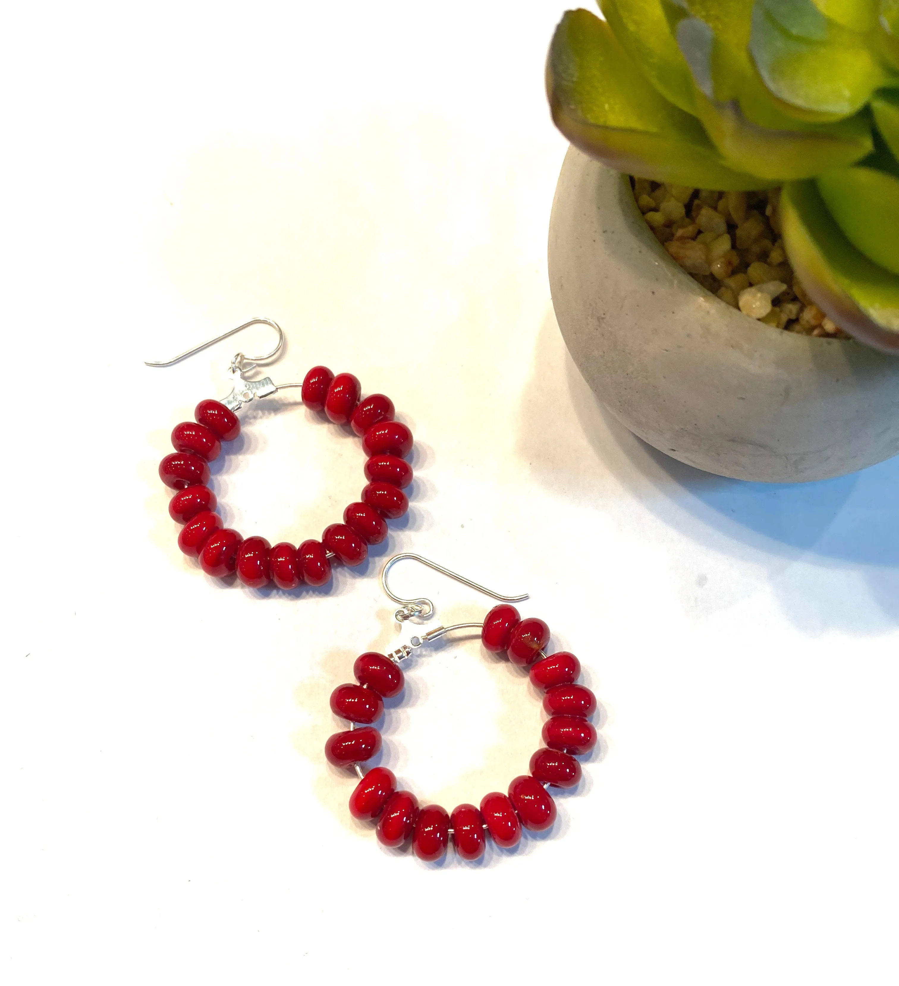 Red Glass Beaded Drop Hoop Earrings