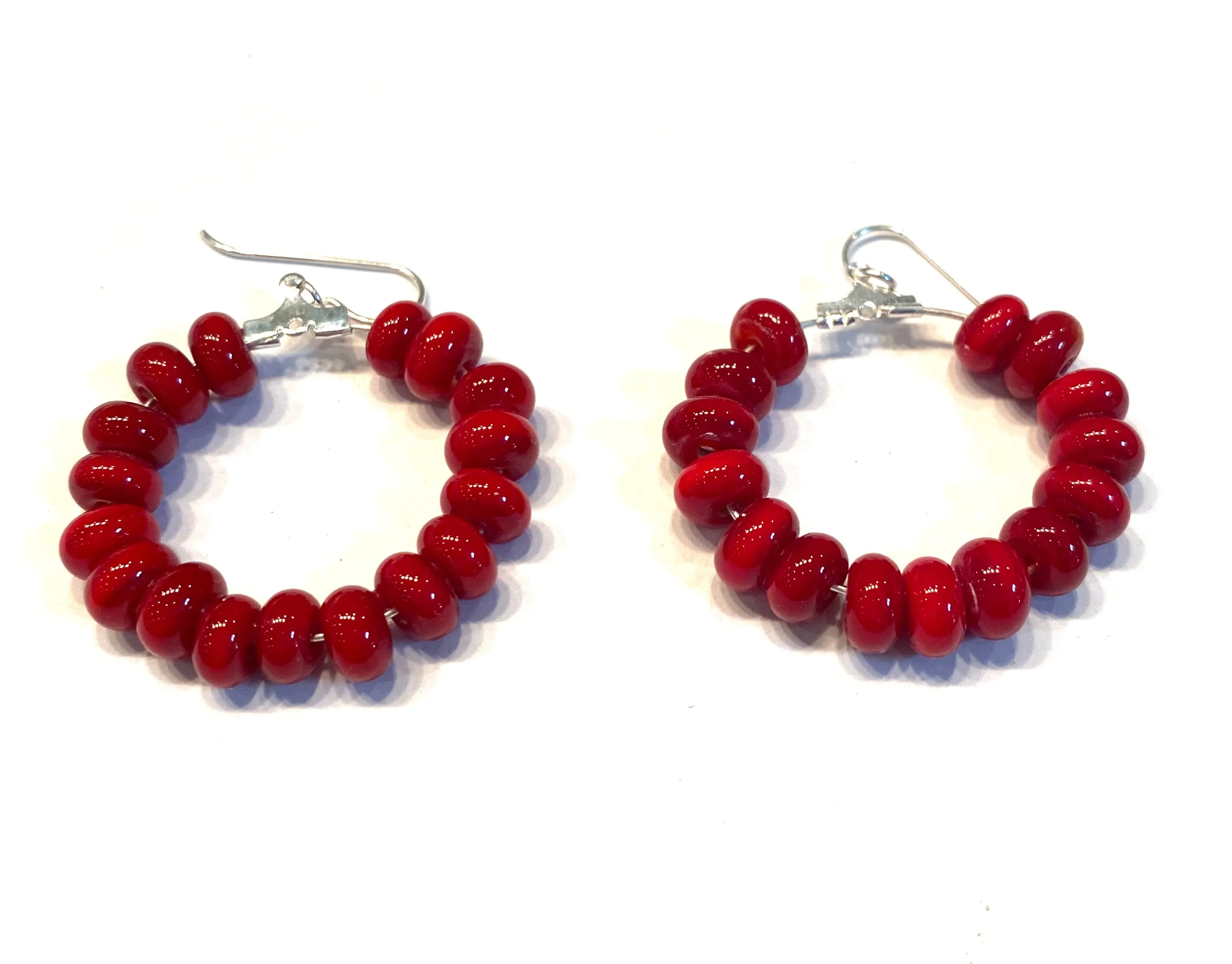 Red Glass Beaded Drop Hoop Earrings