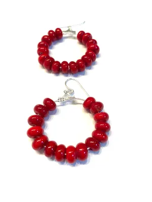 Red Glass Beaded Drop Hoop Earrings