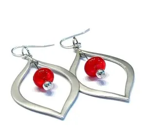 Red Glass Beaded Silver Teardrop Earrings