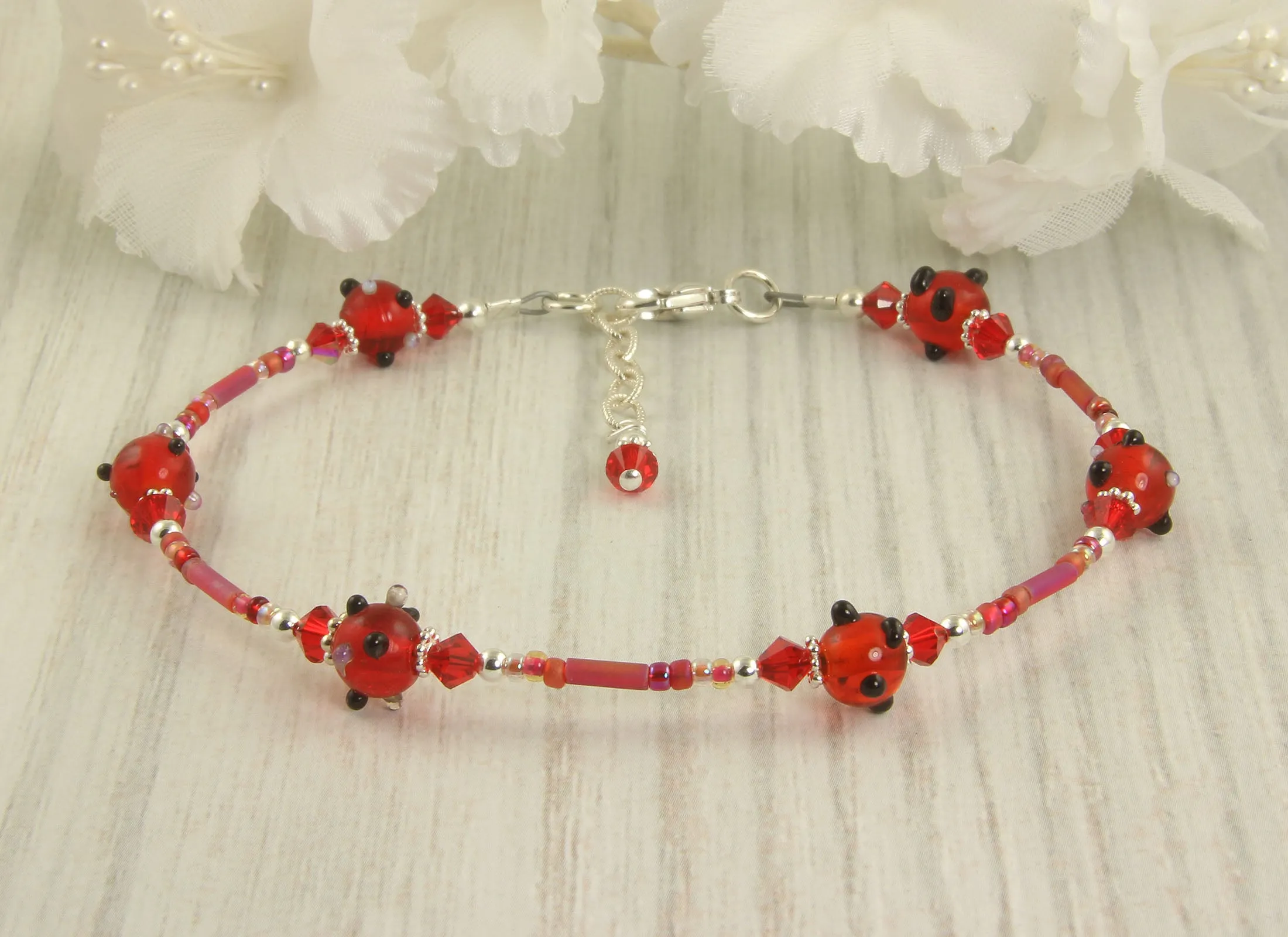 Red Glass Crystal Silver Beaded Anklet