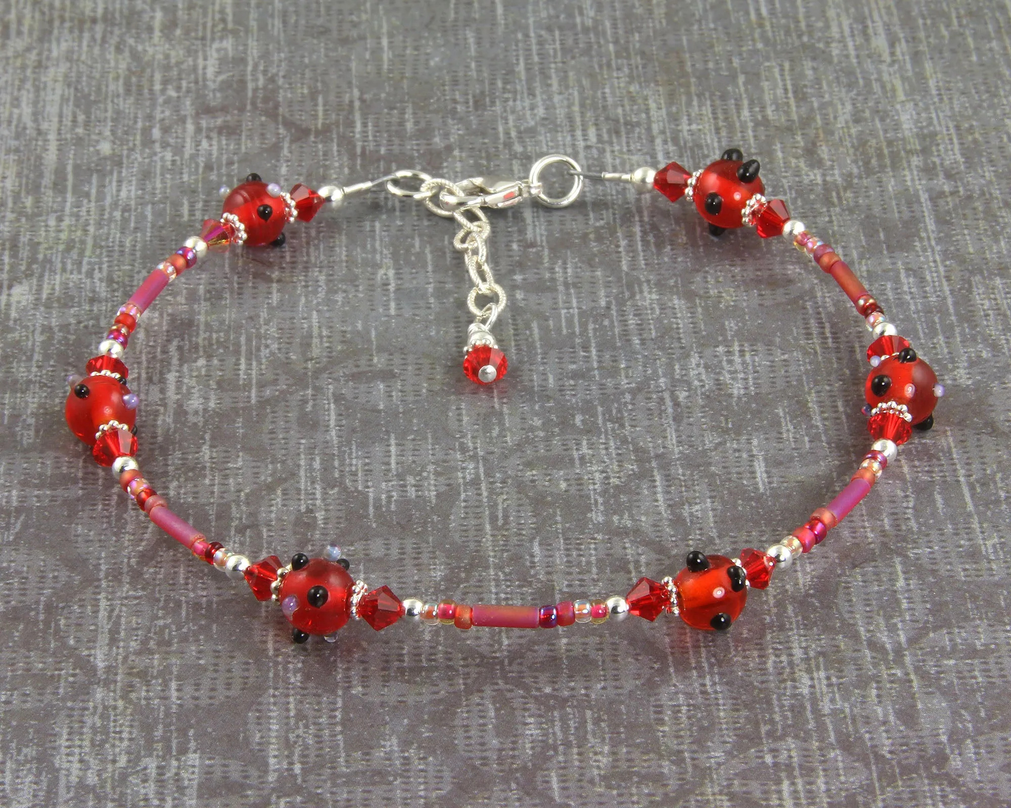 Red Glass Crystal Silver Beaded Anklet