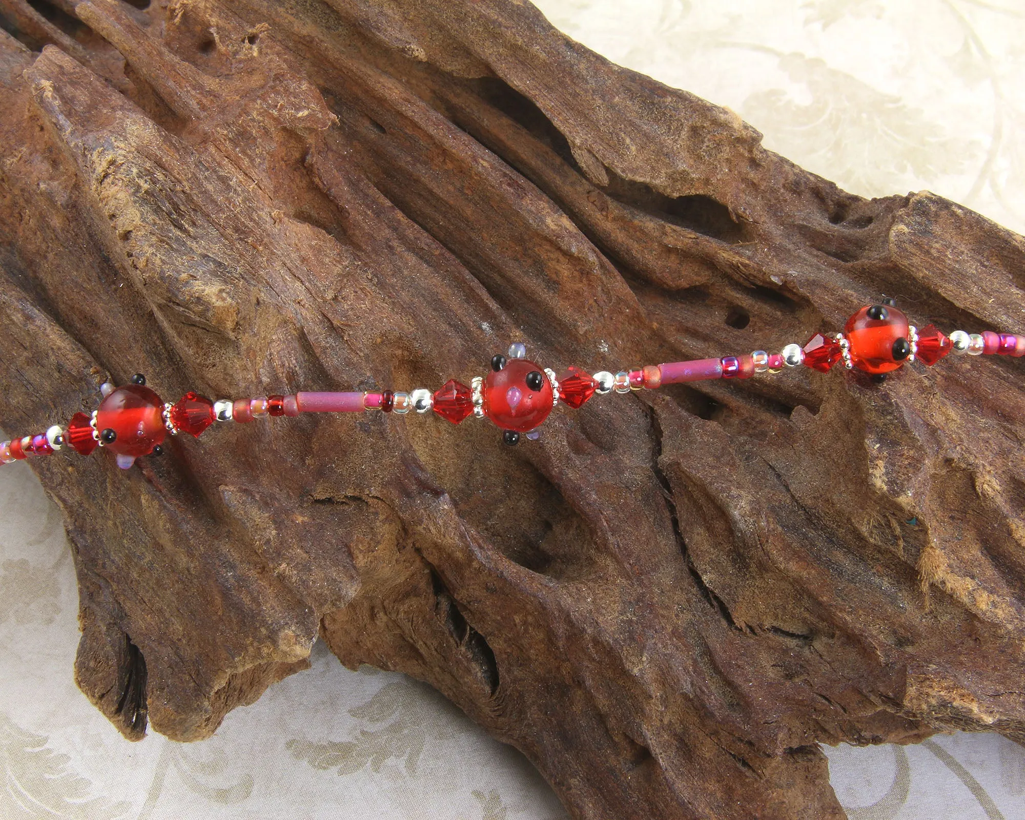 Red Glass Crystal Silver Beaded Anklet