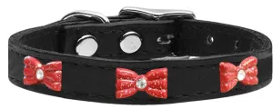 Red Glitter Bow Widget Genuine Leather Dog Collar Black 14