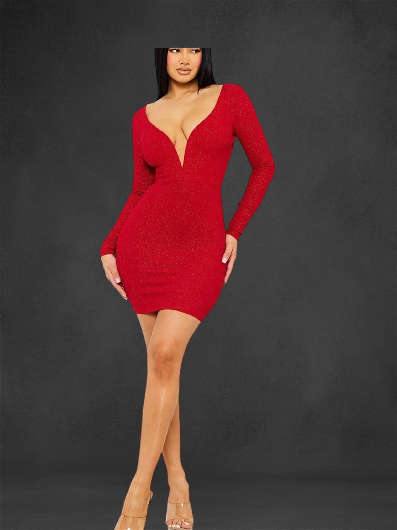 Red Glitter Long Sleeve Cocktail Mini Dress