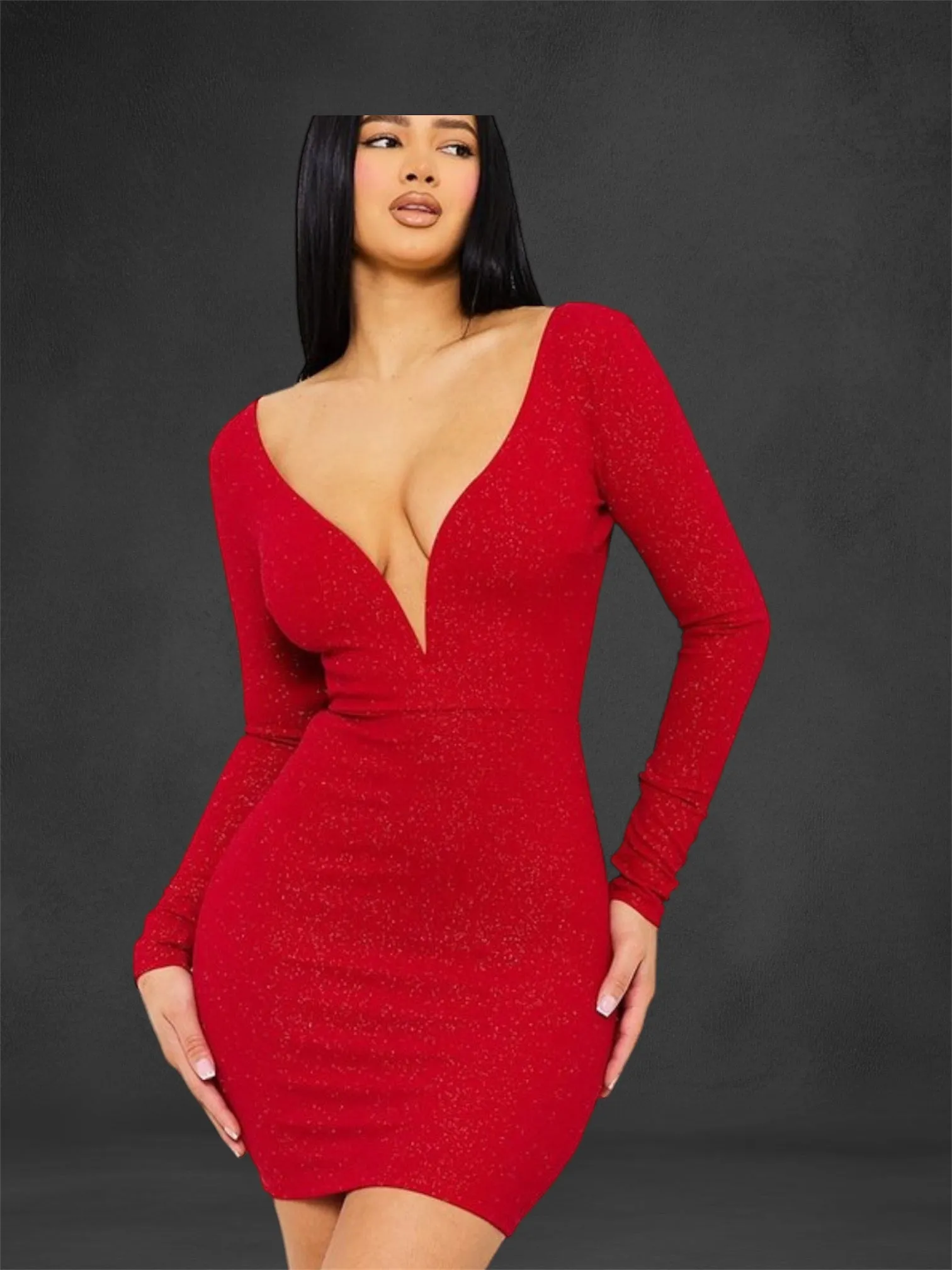 Red Glitter Long Sleeve Cocktail Mini Dress