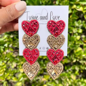 Red Gold Hearts Beaded Earrings