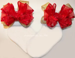 Red Gold Organza Metallic Bow Socks