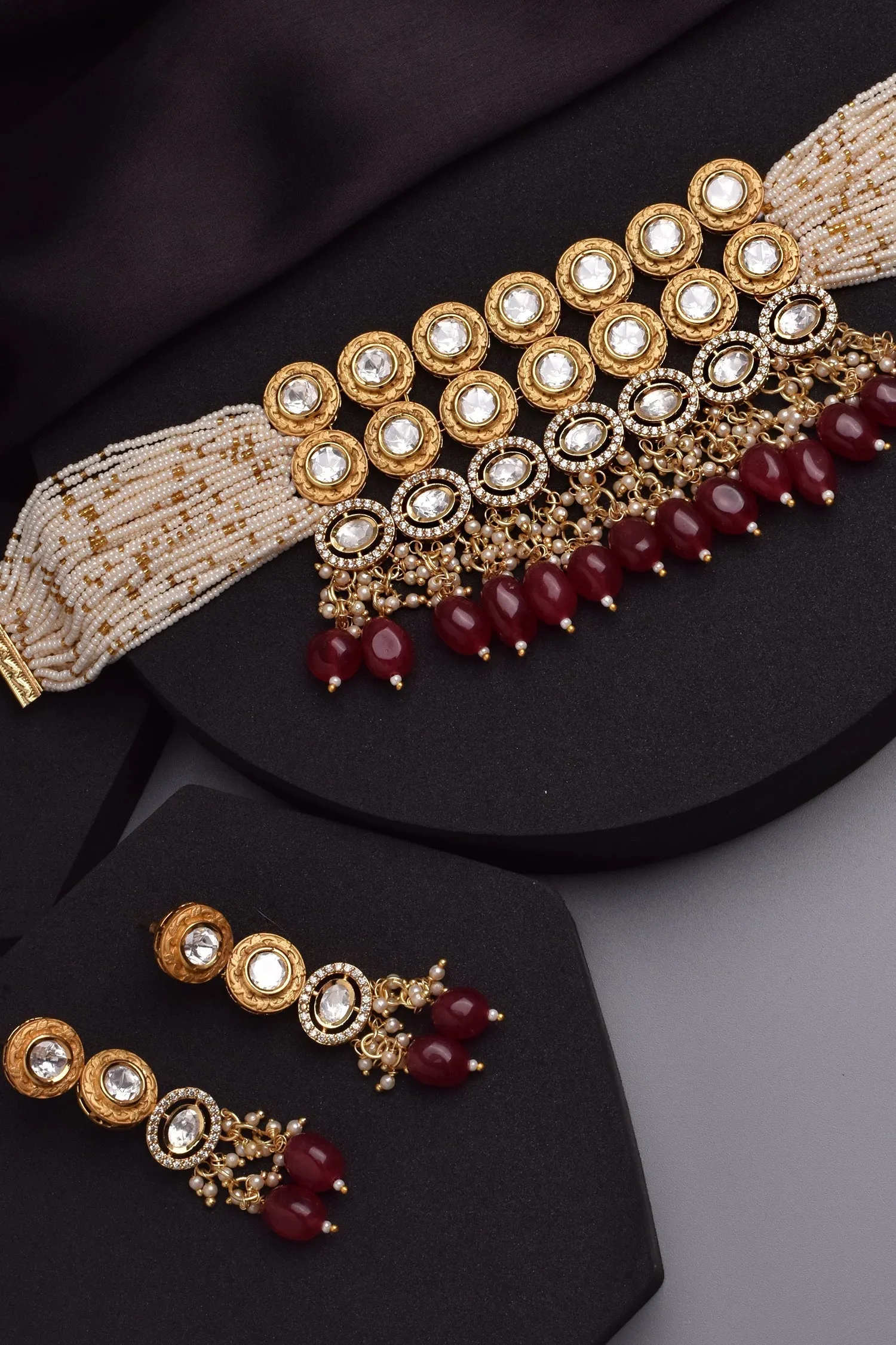 Red Gold Tone Kundan and Pearl Choker Set