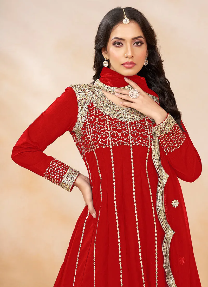 Red Golden Embroidered Anarkali And Dhoti Style Pant Suit