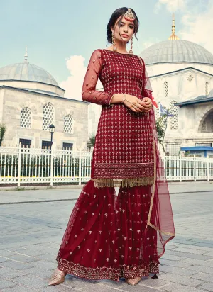 Red Golden Embroidered Designer Gharara Suit