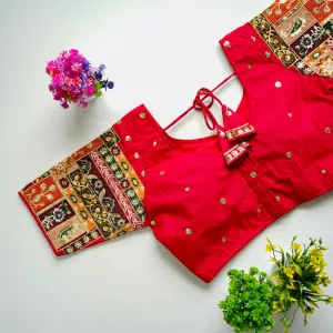 Red Golden Embroidered Seoul Silk Blouse with Sequins