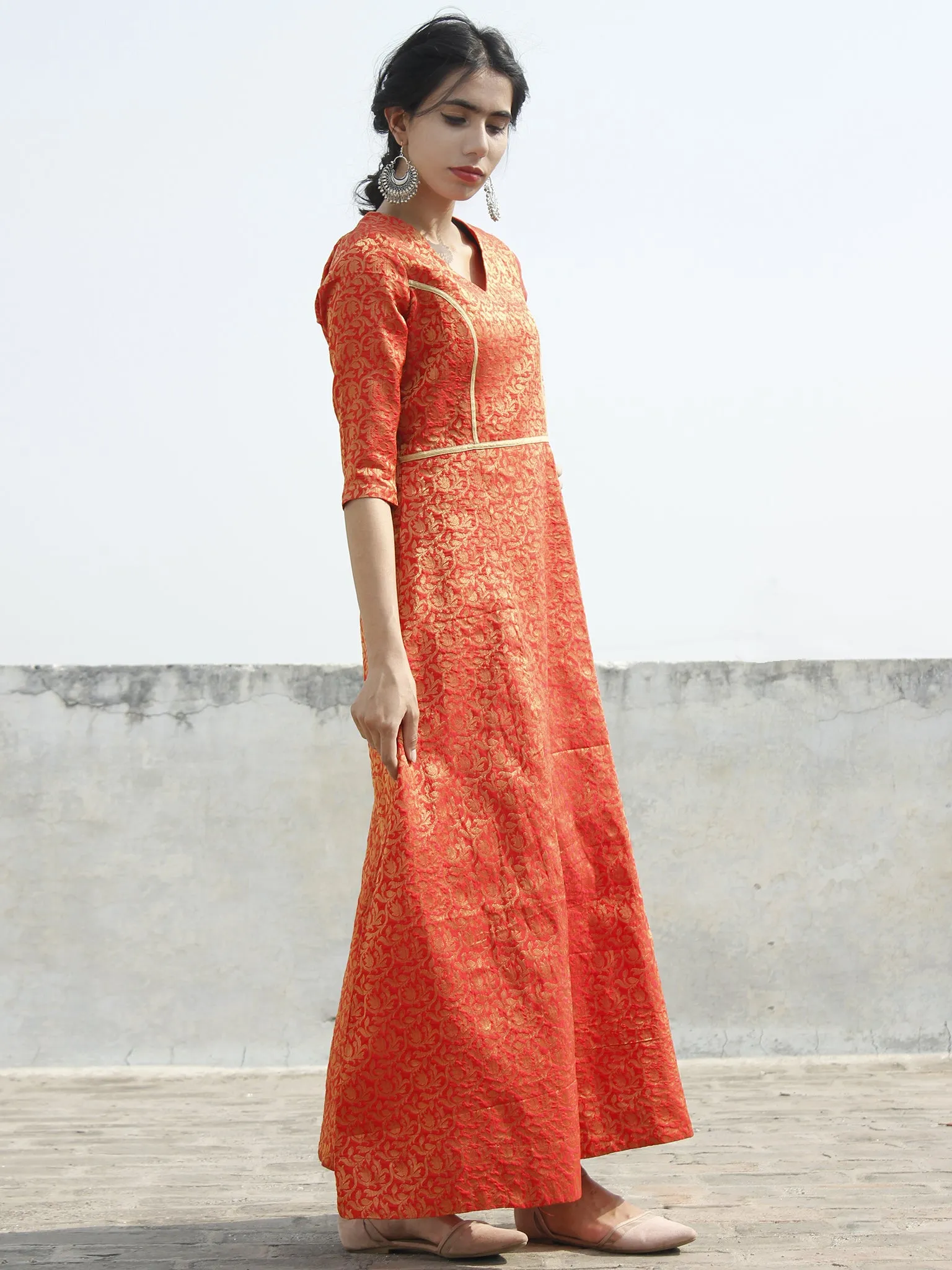 Red Golden Long Princess Line Brocade Dress - D122F001