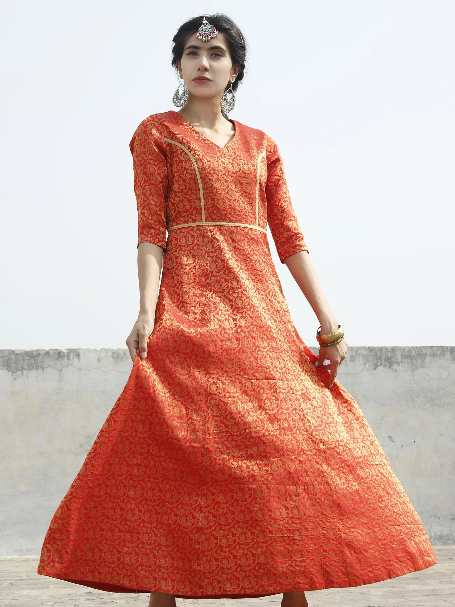 Red Golden Long Princess Line Brocade Dress - D122F001