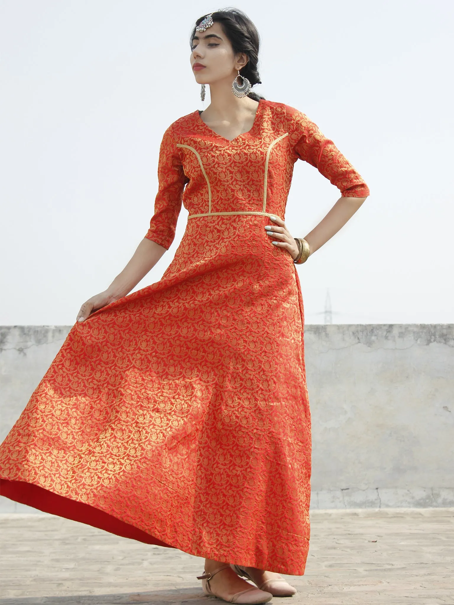 Red Golden Long Princess Line Brocade Dress - D122F001