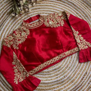 Red Golden Sequence Embroidered Blouse in glossy silk