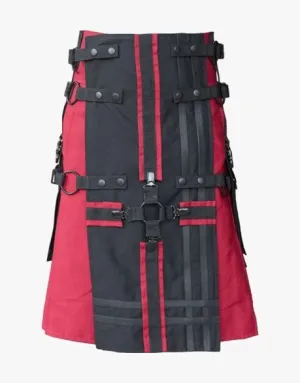 RED GOTHIC UTILITY KILT WITH CROSS STRAPS & BLACK APRON