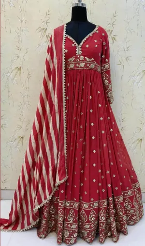 Red Gown in Georgette With Foil Mirror Work