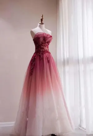 Red Gradient Prom Dress Vintage Wedding Dress Red Strapless Party Dress With Beaded Bridal Dress