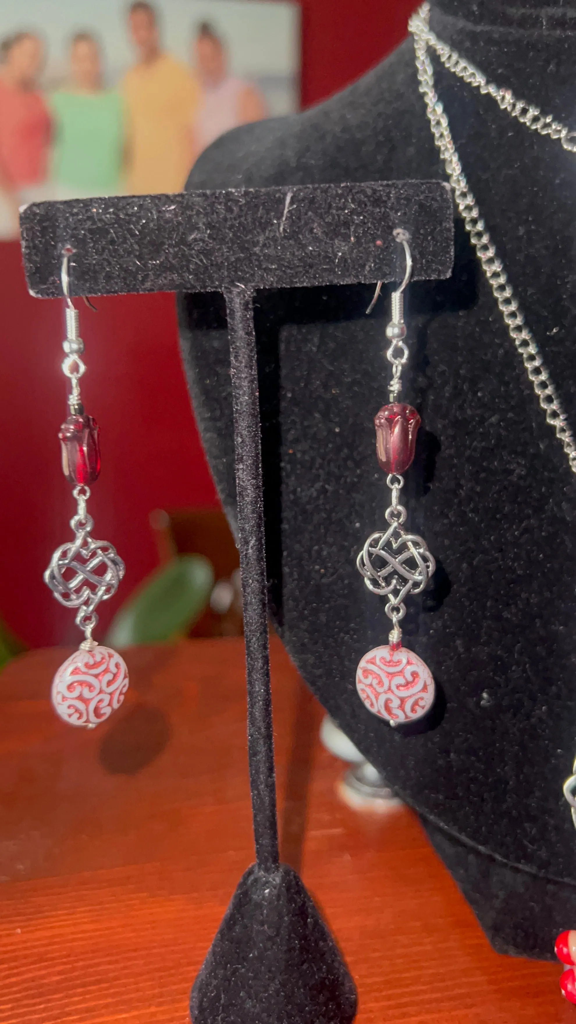 Red, Gray, White Necklace with Silver, Red/White Lacy Coin and Druks Pendant with Silver Chain Necklace and Earrings