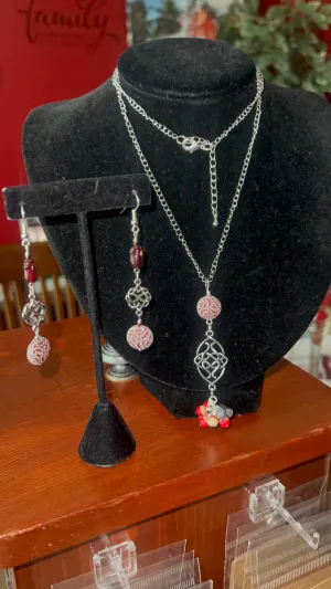 Red, Gray, White Necklace with Silver, Red/White Lacy Coin and Druks Pendant with Silver Chain Necklace and Earrings