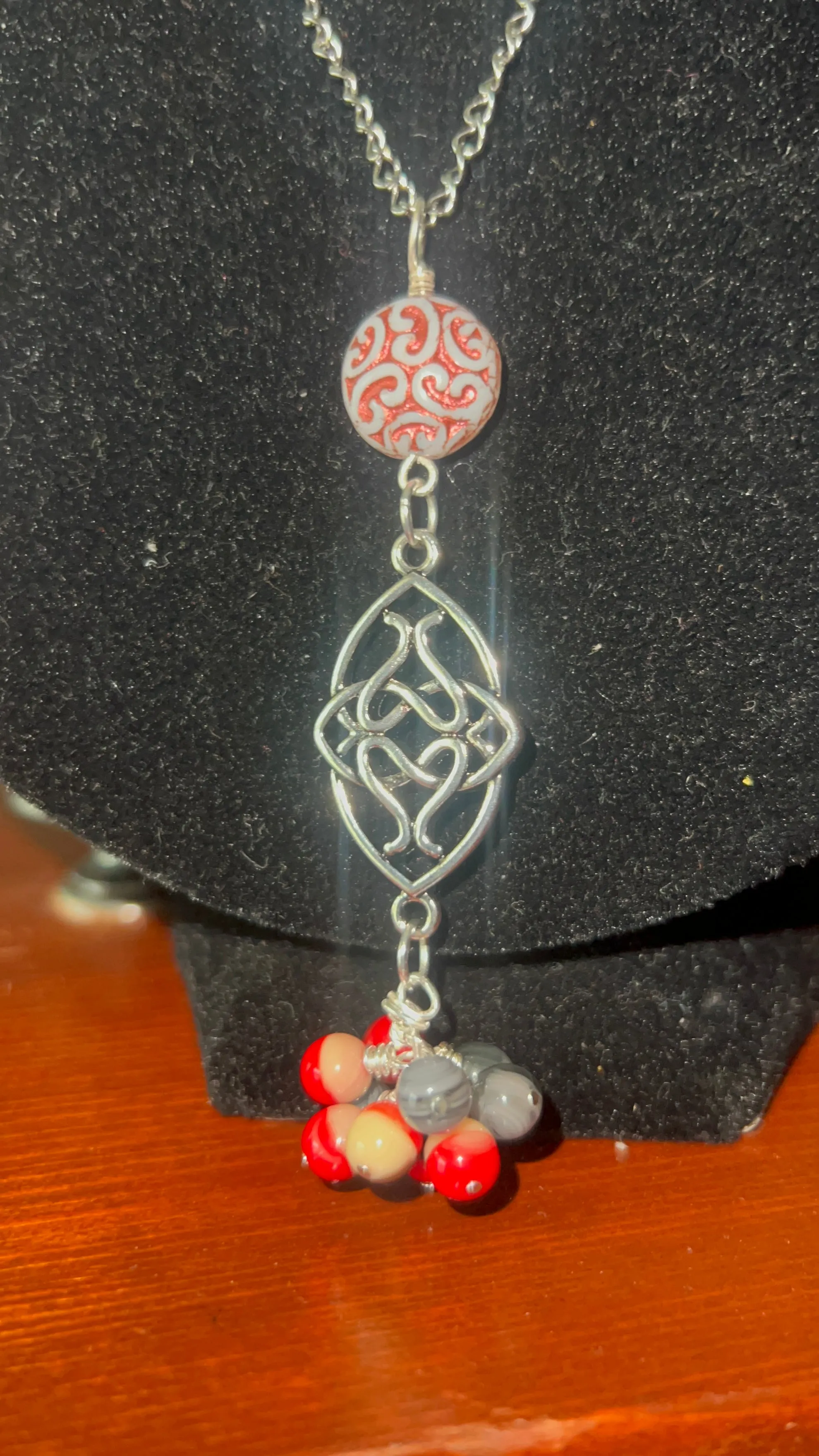 Red, Gray, White Necklace with Silver, Red/White Lacy Coin and Druks Pendant with Silver Chain Necklace and Earrings