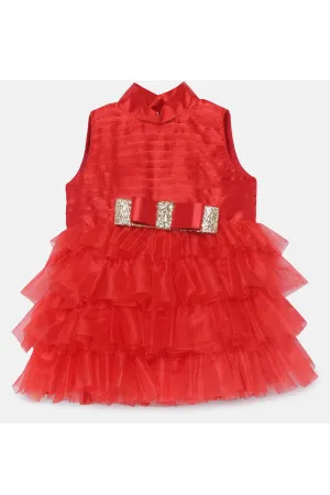 Red high neck golden bow on the front tiered dress