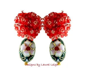 Red Hydrangea & Black Floral Cloisonné Earrings